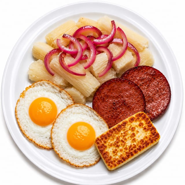 Yuca with 2 Salami, 2 Eggs & Queso Frito.