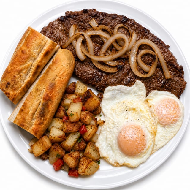 Palomilla Steak with 2 Eggs, Grits or Home Fries & Cuban Toast.