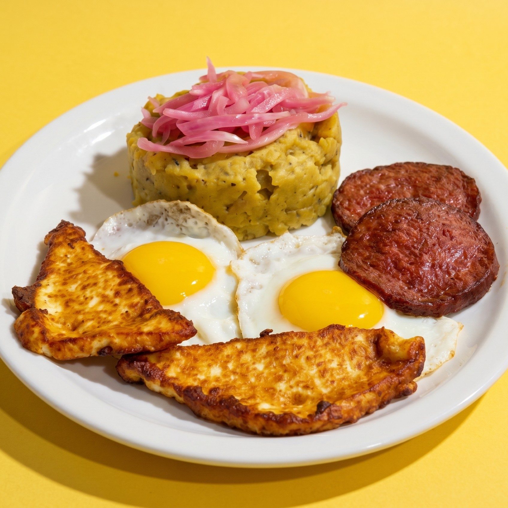 Mangu with 2 Salami, 2 Eggs & Queso Frito.